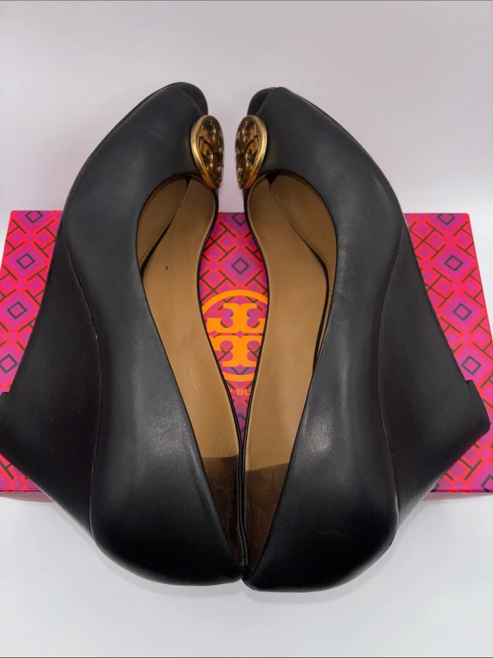 Tory Burch Black Leather Peep Toe Wedges with Gold Logo Medallion